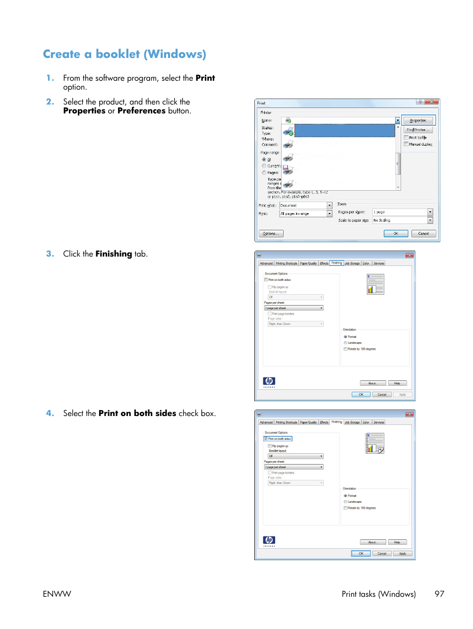 Create a booklet (windows) | HP LaserJet Enterprise 500 Color MFP M575 User Manual | Page 113 / 354