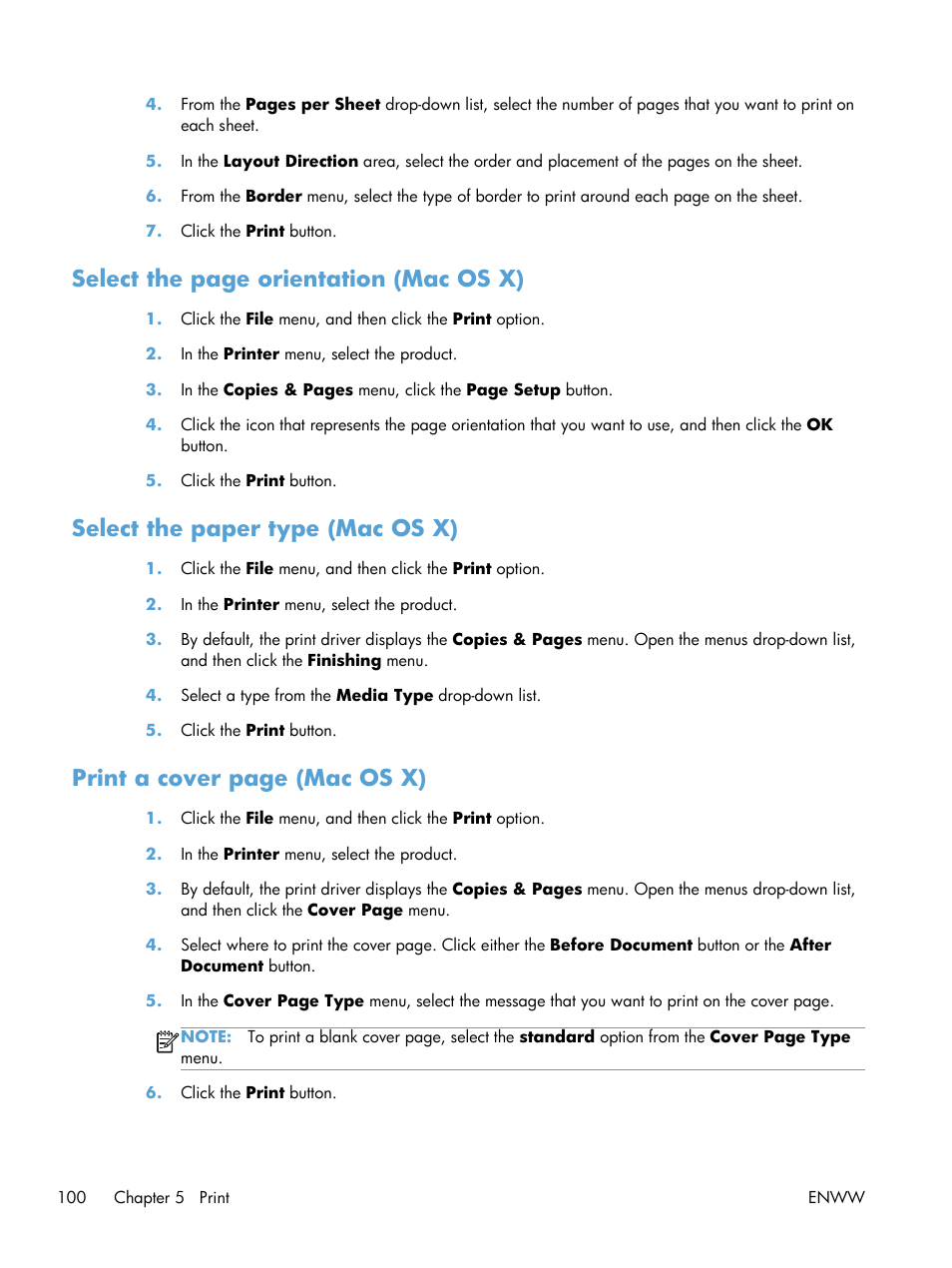 Select the paper type (mac os x), Select the page orientation (mac os x), Print a cover page (mac os x) | HP LaserJet Enterprise 500 Color MFP M575 User Manual | Page 116 / 354