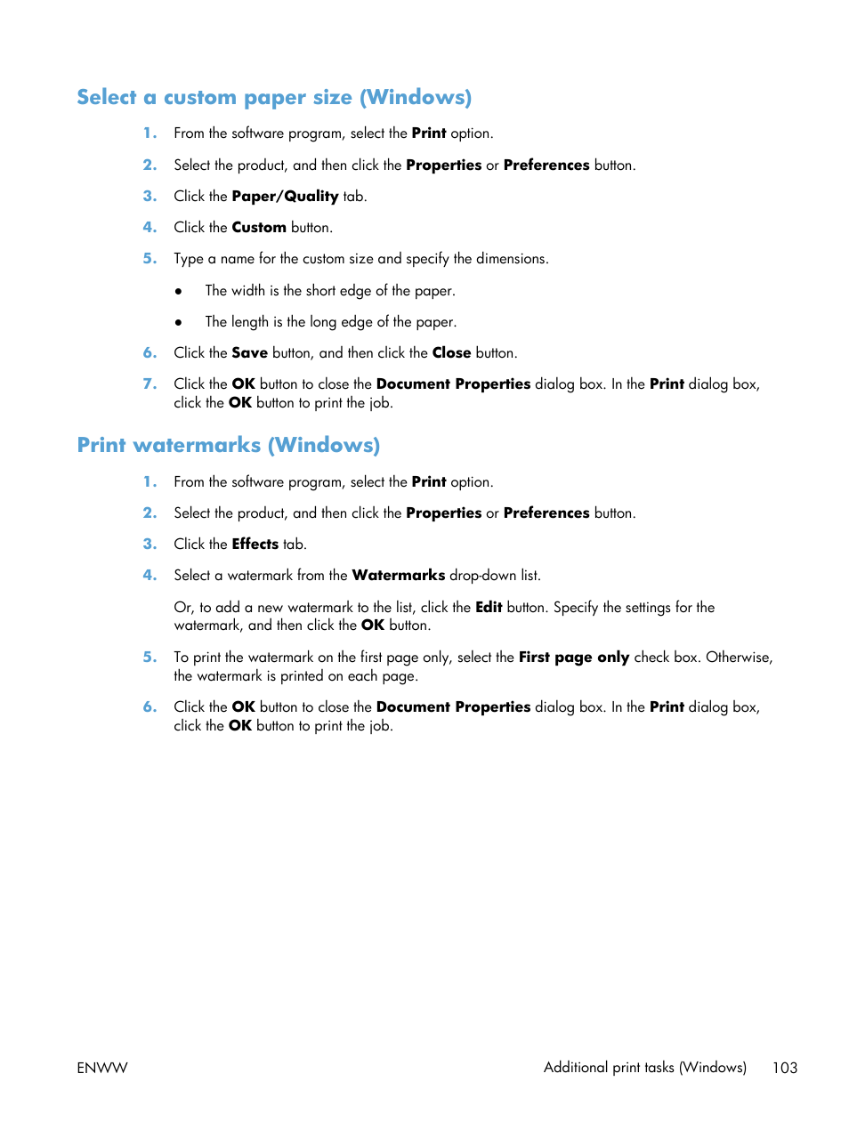 Select a custom paper size (windows), Print watermarks (windows) | HP LaserJet Enterprise 500 Color MFP M575 User Manual | Page 119 / 354