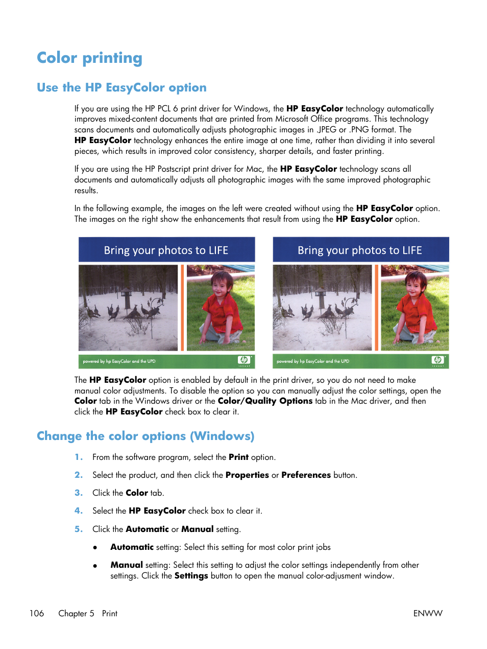 Color printing, Use the hp easycolor option, Change the color options (windows) | HP LaserJet Enterprise 500 Color MFP M575 User Manual | Page 122 / 354