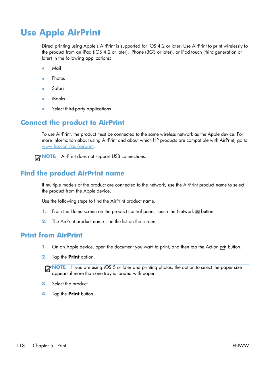 Use apple airprint, Connect the product to airprint, Find the product airprint name | Print from airprint | HP LaserJet Enterprise 500 Color MFP M575 User Manual | Page 134 / 354