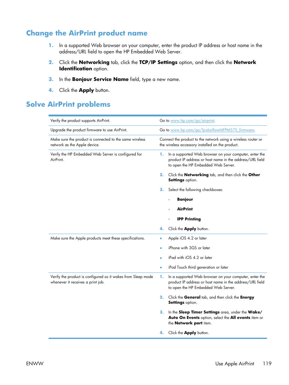 Change the airprint product name, Solve airprint problems | HP LaserJet Enterprise 500 Color MFP M575 User Manual | Page 135 / 354