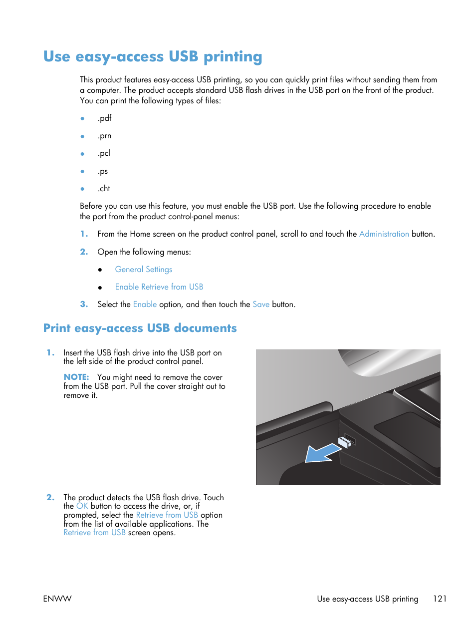 Use easy-access usb printing, Print easy-access usb documents | HP LaserJet Enterprise 500 Color MFP M575 User Manual | Page 137 / 354