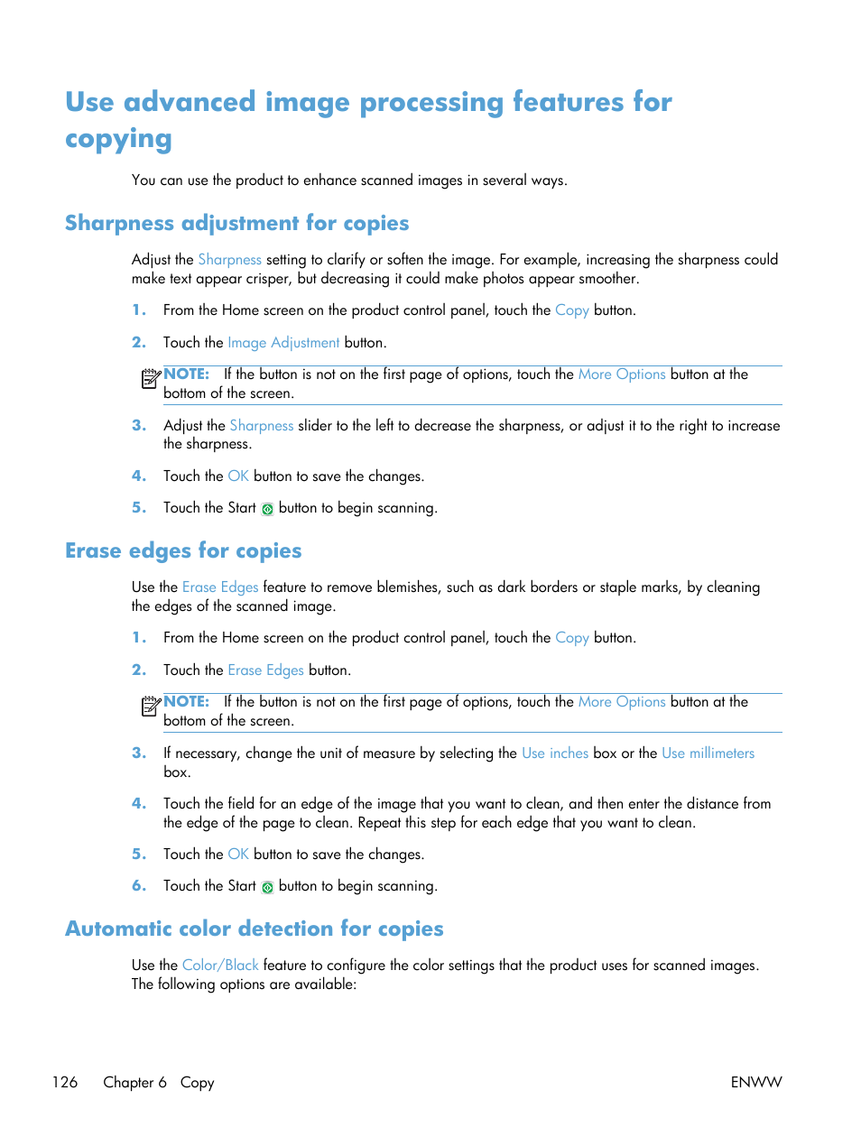 Use advanced image processing features for copying, Sharpness adjustment for copies, Erase edges for copies | Automatic color detection for copies | HP LaserJet Enterprise 500 Color MFP M575 User Manual | Page 142 / 354