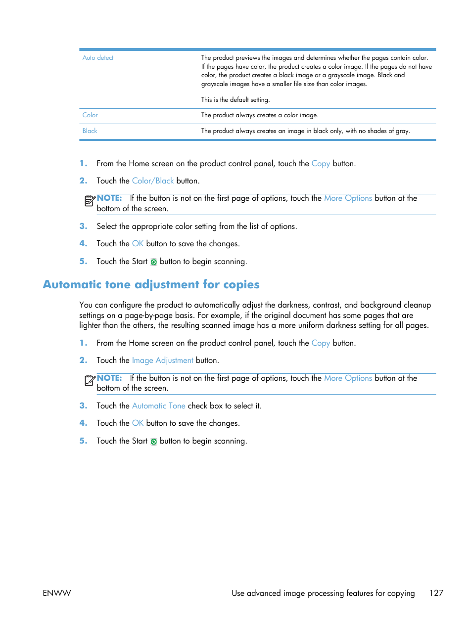 Automatic tone adjustment for copies | HP LaserJet Enterprise 500 Color MFP M575 User Manual | Page 143 / 354