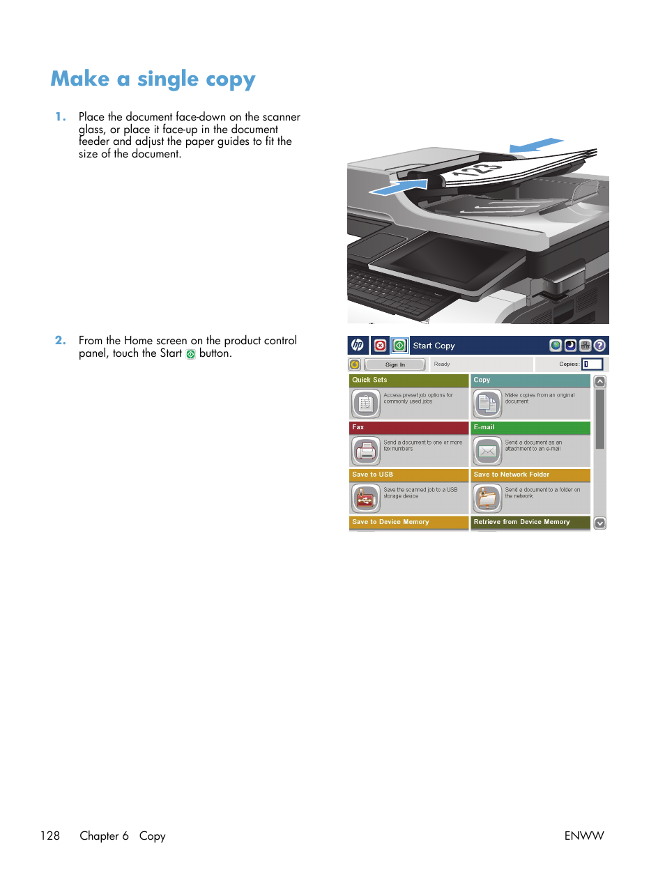 Make a single copy | HP LaserJet Enterprise 500 Color MFP M575 User Manual | Page 144 / 354