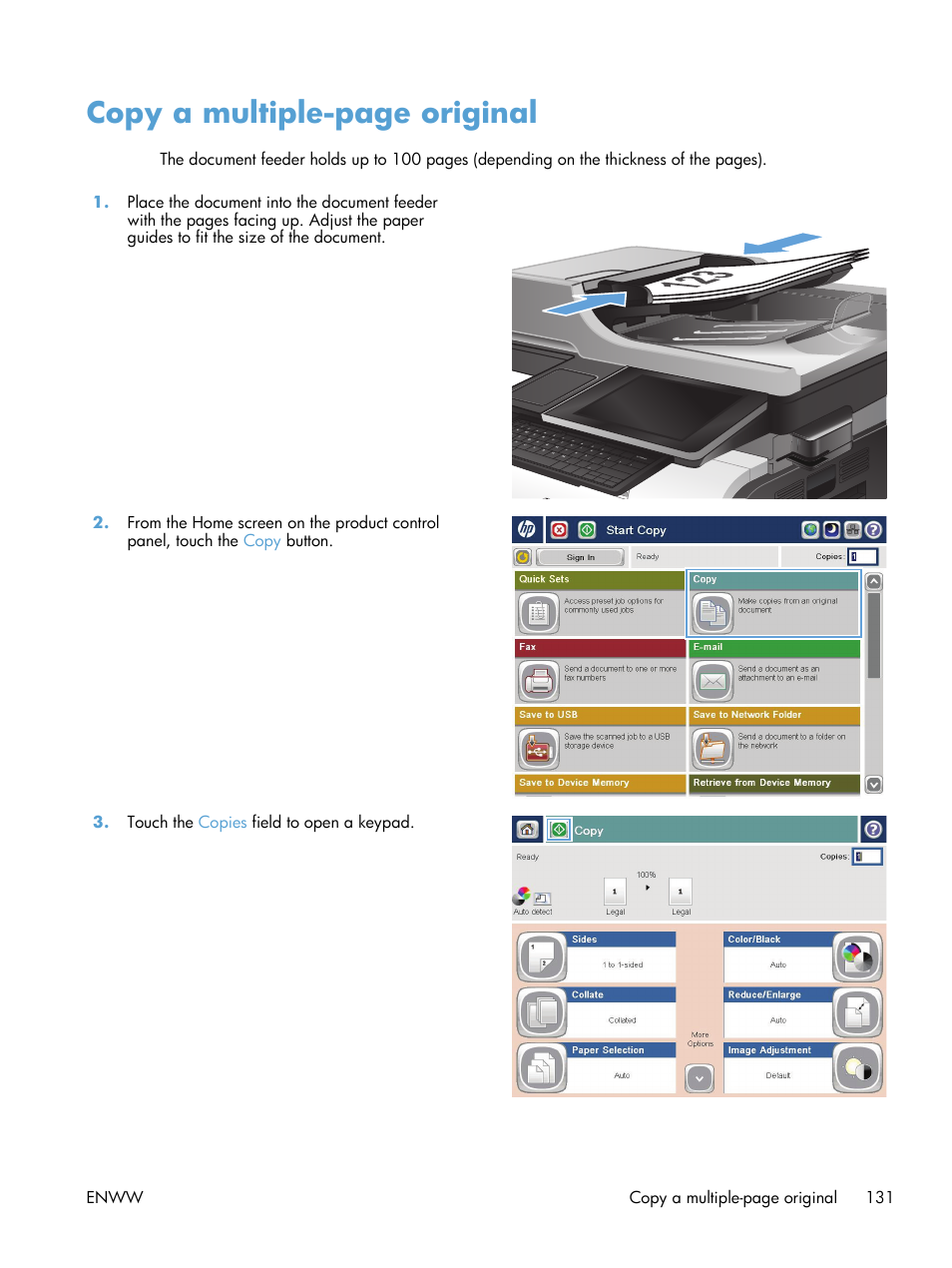 Copy a multiple-page original | HP LaserJet Enterprise 500 Color MFP M575 User Manual | Page 147 / 354