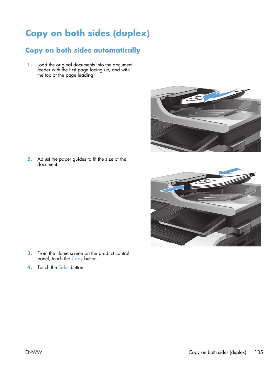 Copy on both sides (duplex), Copy on both sides automatically | HP LaserJet Enterprise 500 Color MFP M575 User Manual | Page 151 / 354