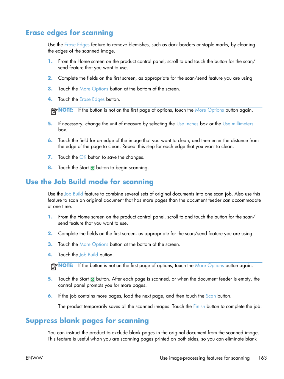 Erase edges for scanning, Use the job build mode for scanning, Suppress blank pages for scanning | HP LaserJet Enterprise 500 Color MFP M575 User Manual | Page 179 / 354