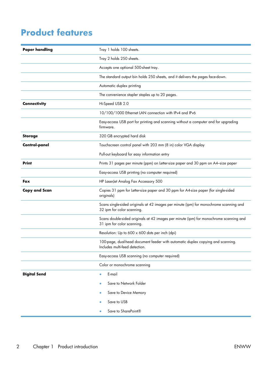 Product features, 2chapter 1 product introduction enww | HP LaserJet Enterprise 500 Color MFP M575 User Manual | Page 18 / 354