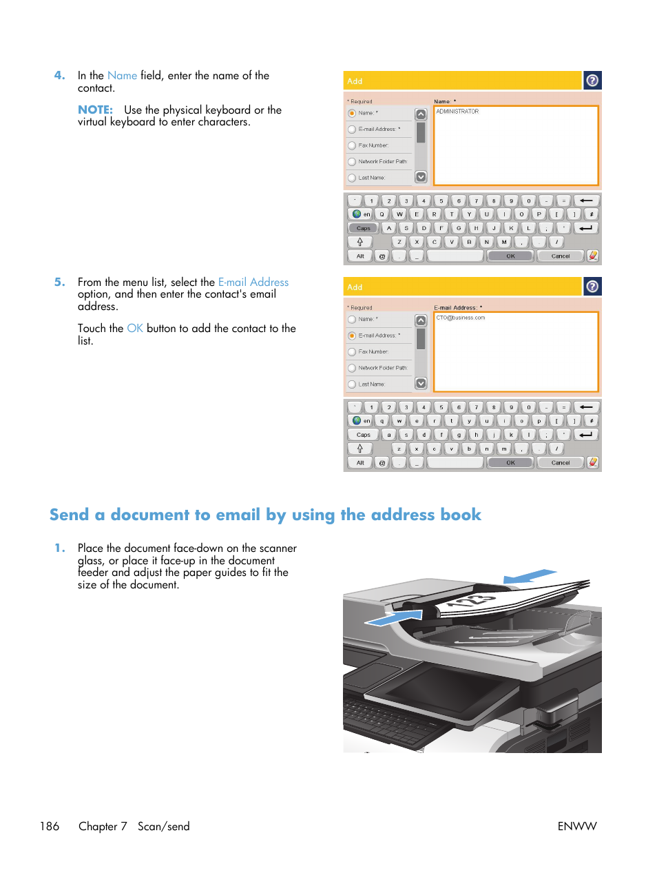 Send a document to email by using the address book | HP LaserJet Enterprise 500 Color MFP M575 User Manual | Page 202 / 354