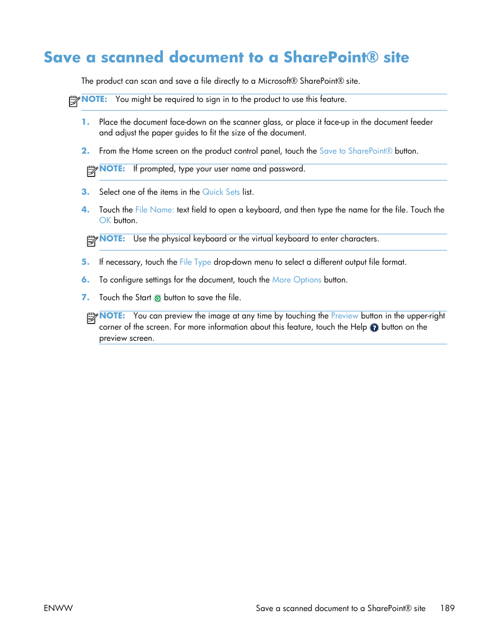 Save a scanned document to a sharepoint® site | HP LaserJet Enterprise 500 Color MFP M575 User Manual | Page 205 / 354