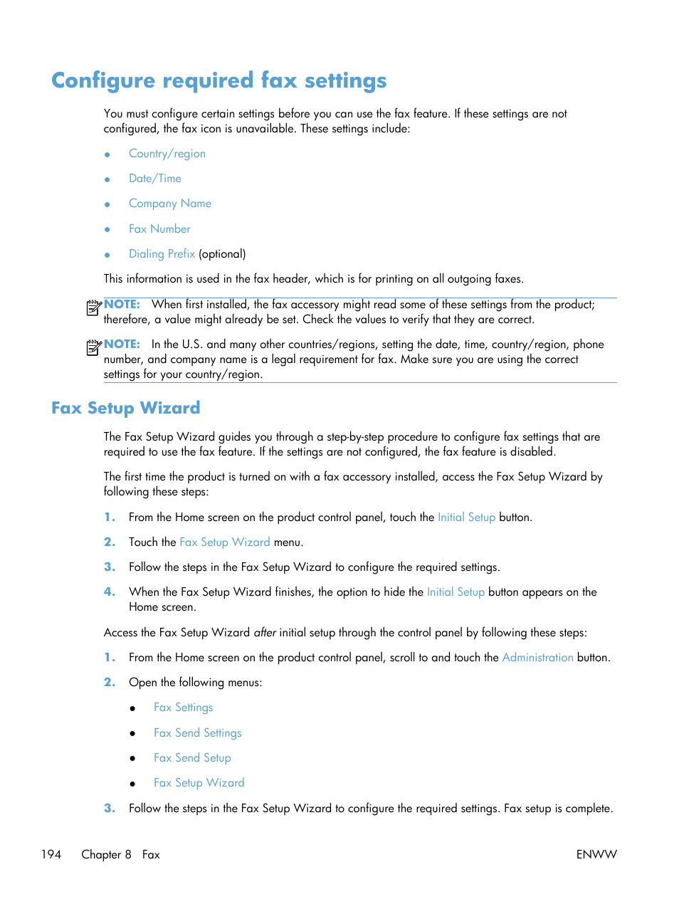 Configure required fax settings, Fax setup wizard | HP LaserJet Enterprise 500 Color MFP M575 User Manual | Page 210 / 354