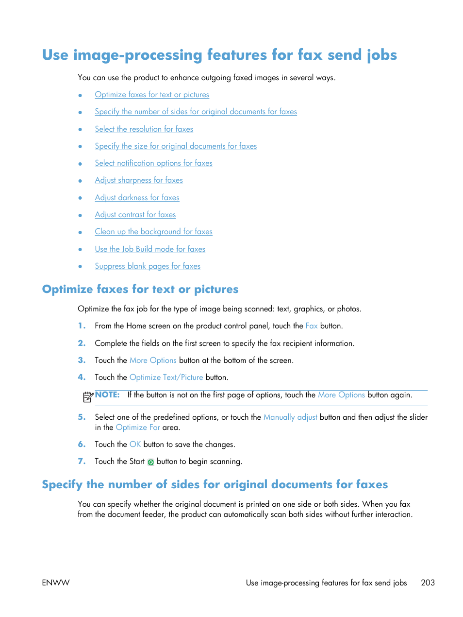 Use image-processing features for fax send jobs, Optimize faxes for text or pictures | HP LaserJet Enterprise 500 Color MFP M575 User Manual | Page 219 / 354