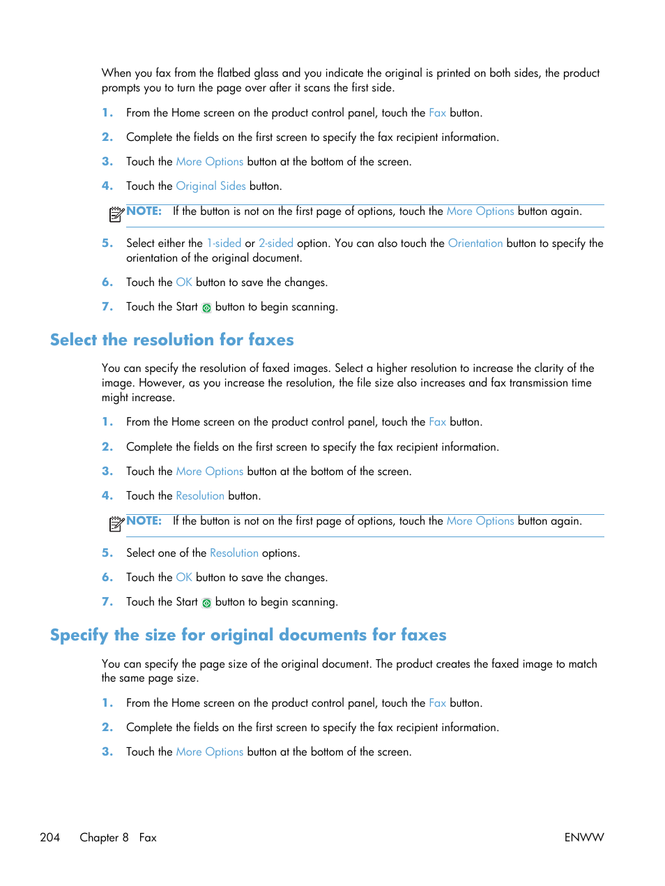 Select the resolution for faxes, Specify the size for original documents for faxes | HP LaserJet Enterprise 500 Color MFP M575 User Manual | Page 220 / 354