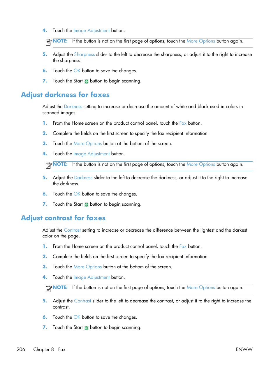 Adjust darkness for faxes, Adjust contrast for faxes | HP LaserJet Enterprise 500 Color MFP M575 User Manual | Page 222 / 354