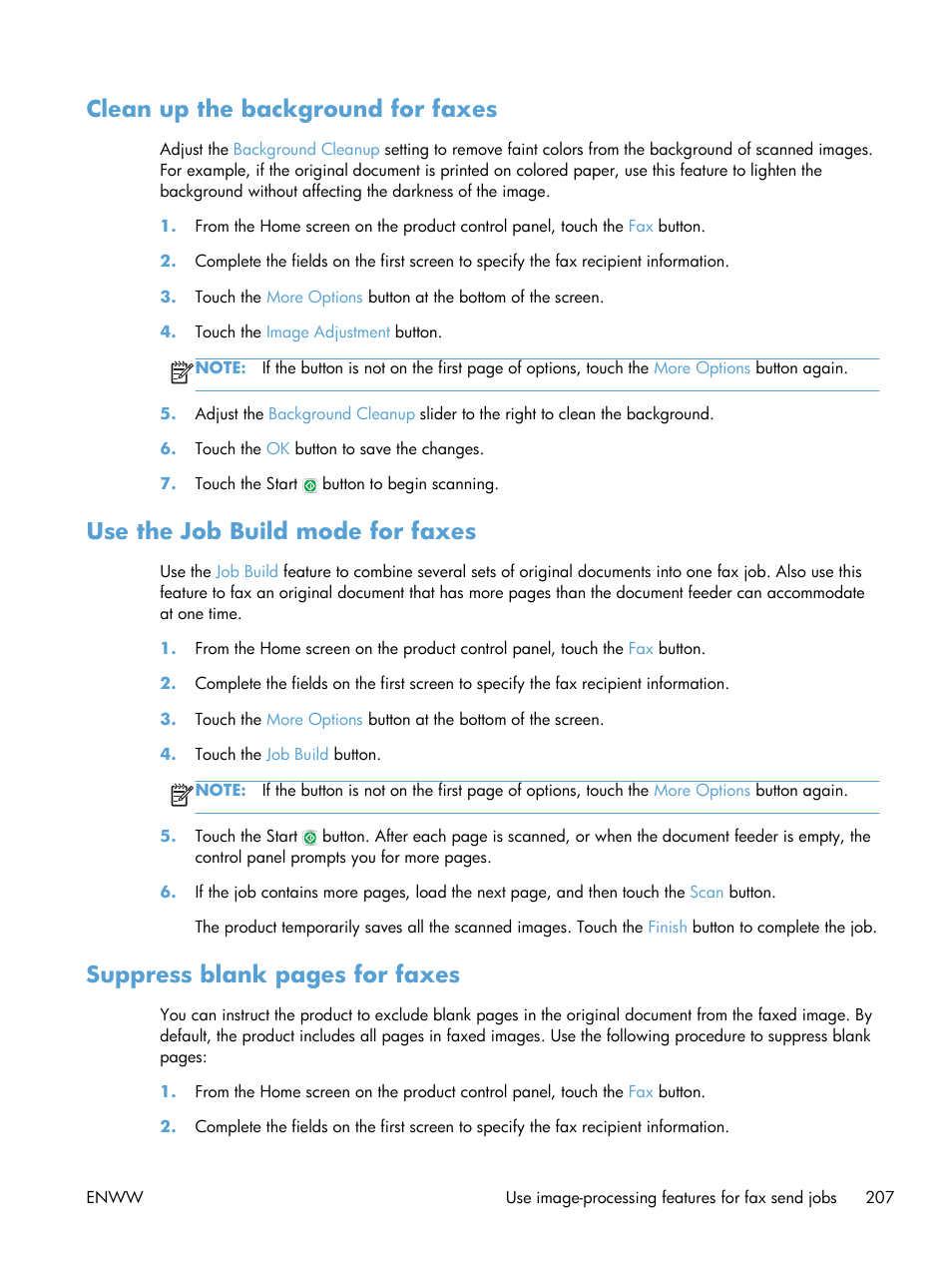 Clean up the background for faxes, Use the job build mode for faxes, Suppress blank pages for faxes | HP LaserJet Enterprise 500 Color MFP M575 User Manual | Page 223 / 354