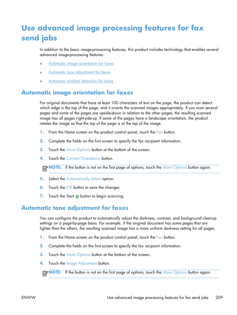 Automatic image orientation for faxes, Automatic tone adjustment for faxes | HP LaserJet Enterprise 500 Color MFP M575 User Manual | Page 225 / 354