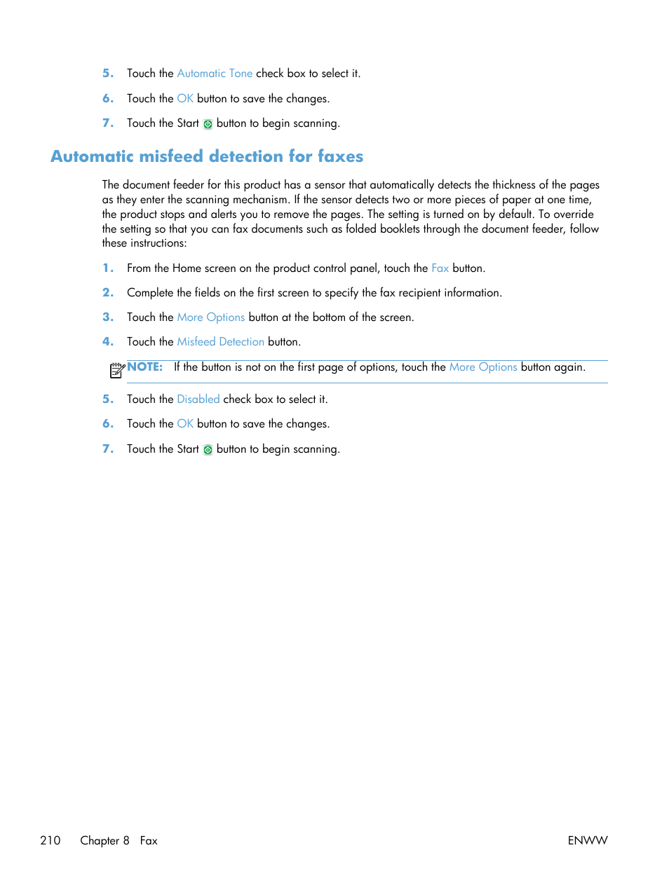 Automatic misfeed detection for faxes | HP LaserJet Enterprise 500 Color MFP M575 User Manual | Page 226 / 354