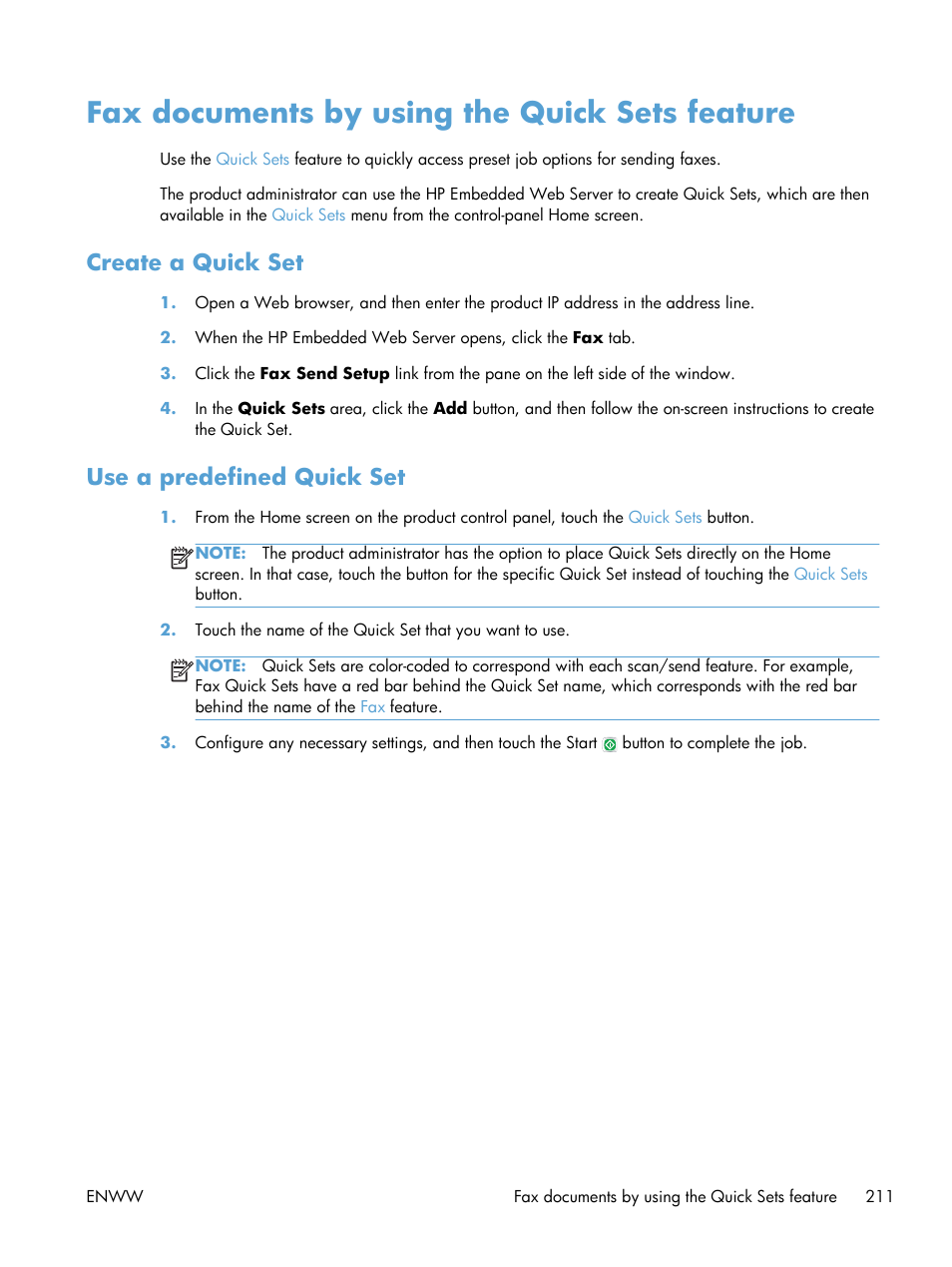 Fax documents by using the quick sets feature, Create a quick set, Use a predefined quick set | Create a quick set use a predefined quick set | HP LaserJet Enterprise 500 Color MFP M575 User Manual | Page 227 / 354