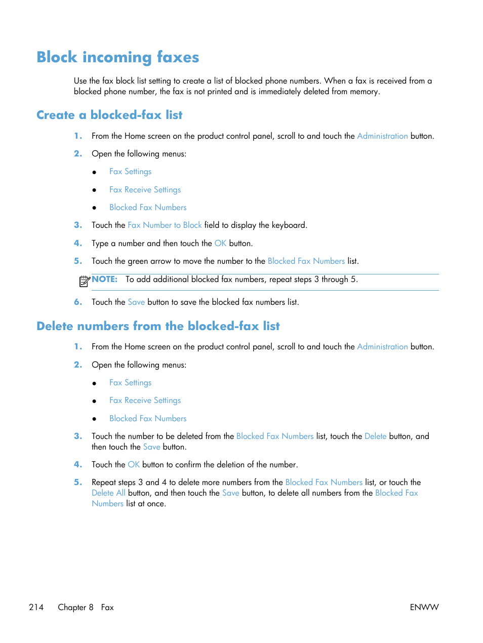 Block incoming faxes, Create a blocked-fax list, Delete numbers from the blocked-fax list | HP LaserJet Enterprise 500 Color MFP M575 User Manual | Page 230 / 354