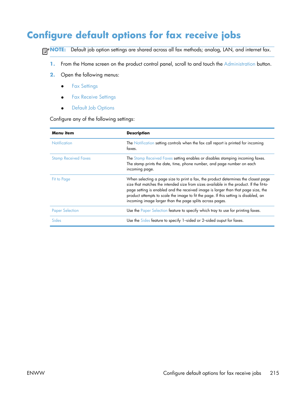 Configure default options for fax receive jobs | HP LaserJet Enterprise 500 Color MFP M575 User Manual | Page 231 / 354