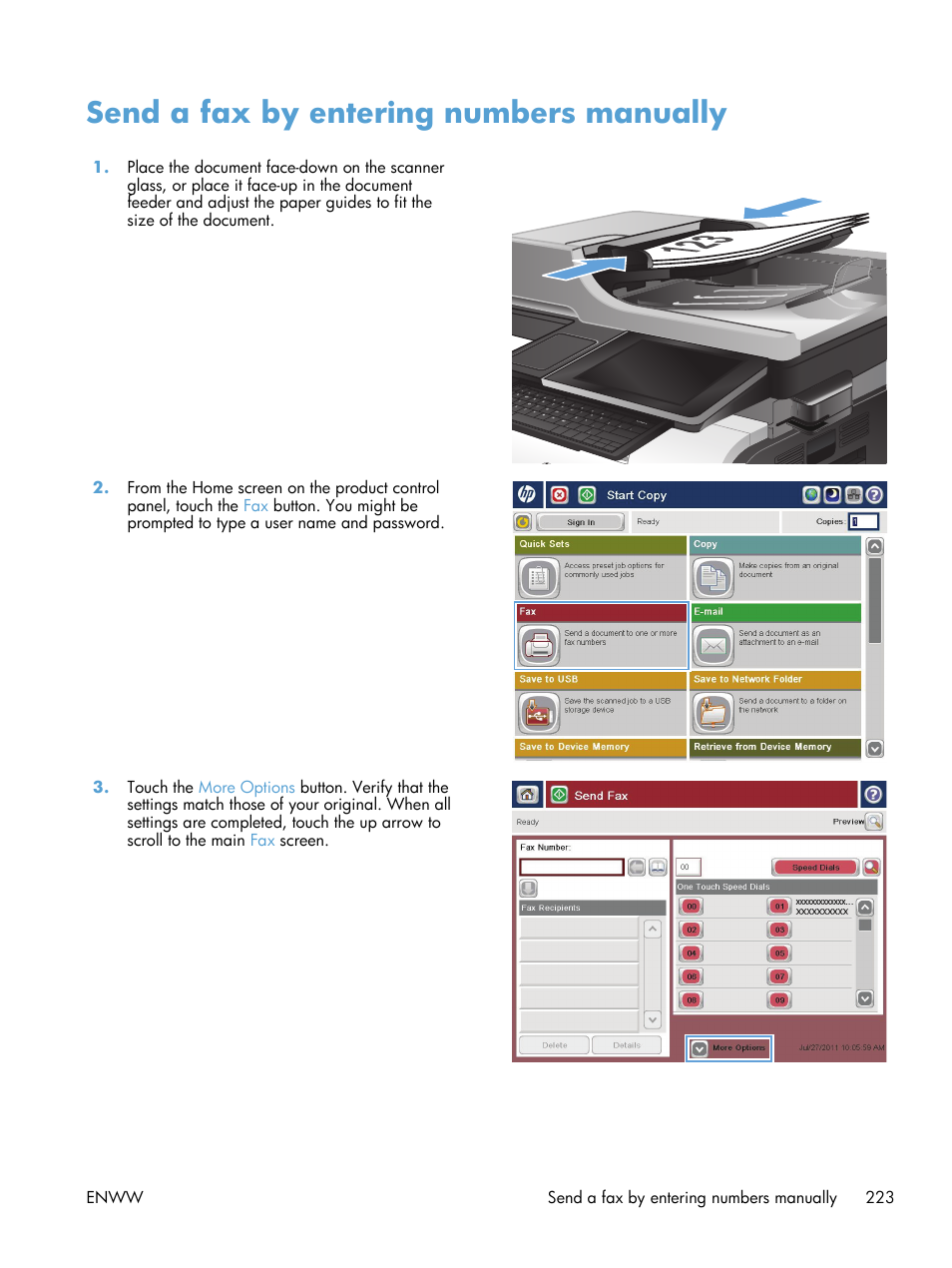 Send a fax by entering numbers manually | HP LaserJet Enterprise 500 Color MFP M575 User Manual | Page 239 / 354