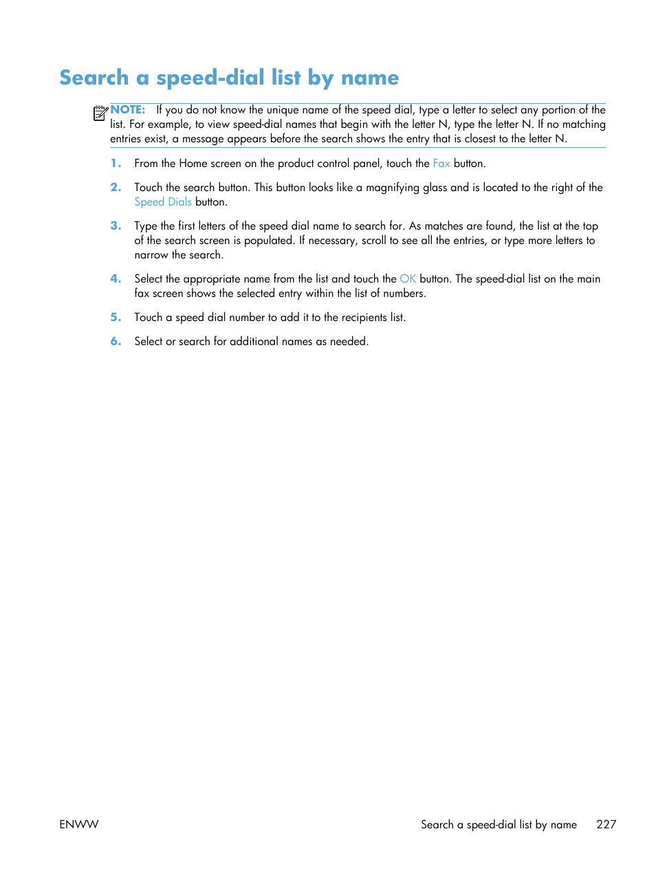 Search a speed-dial list by name | HP LaserJet Enterprise 500 Color MFP M575 User Manual | Page 243 / 354