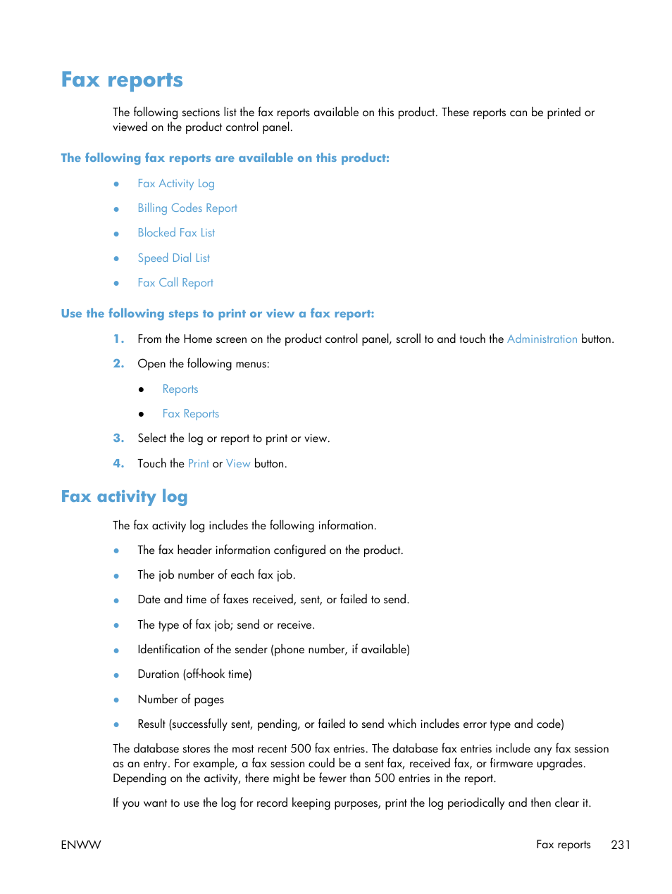 Fax reports, Fax activity log | HP LaserJet Enterprise 500 Color MFP M575 User Manual | Page 247 / 354