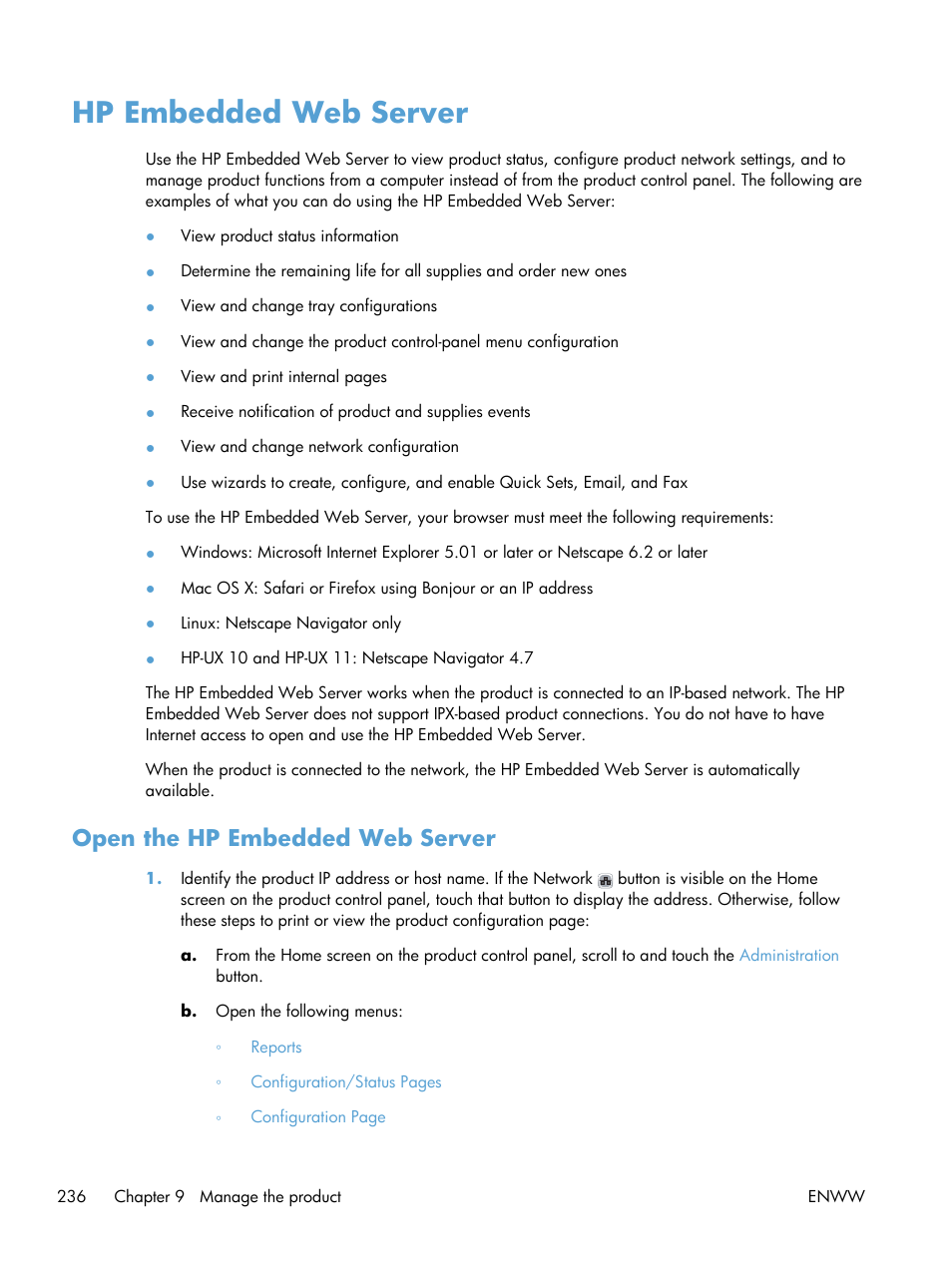 Hp embedded web server, Open the hp embedded web server | HP LaserJet Enterprise 500 Color MFP M575 User Manual | Page 252 / 354