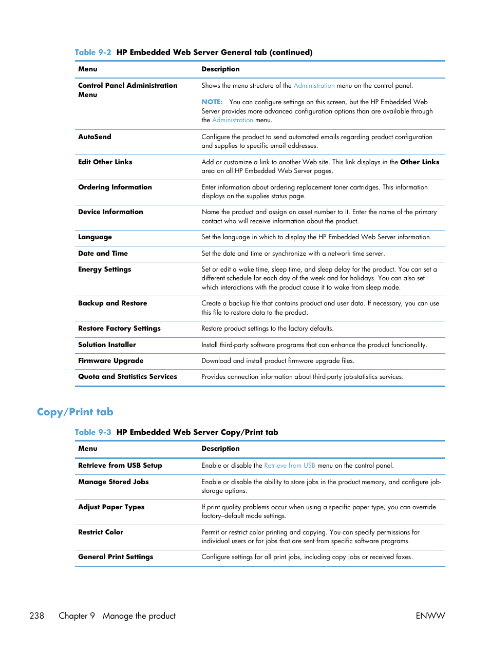 Copy/print tab, 238 chapter 9 manage the product enww | HP LaserJet Enterprise 500 Color MFP M575 User Manual | Page 254 / 354