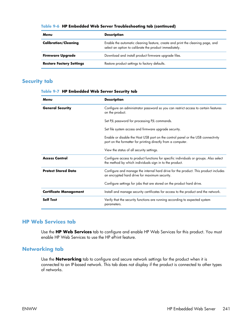 Security tab, Hp web services tab, Networking tab | Security tab hp web services tab networking tab | HP LaserJet Enterprise 500 Color MFP M575 User Manual | Page 257 / 354