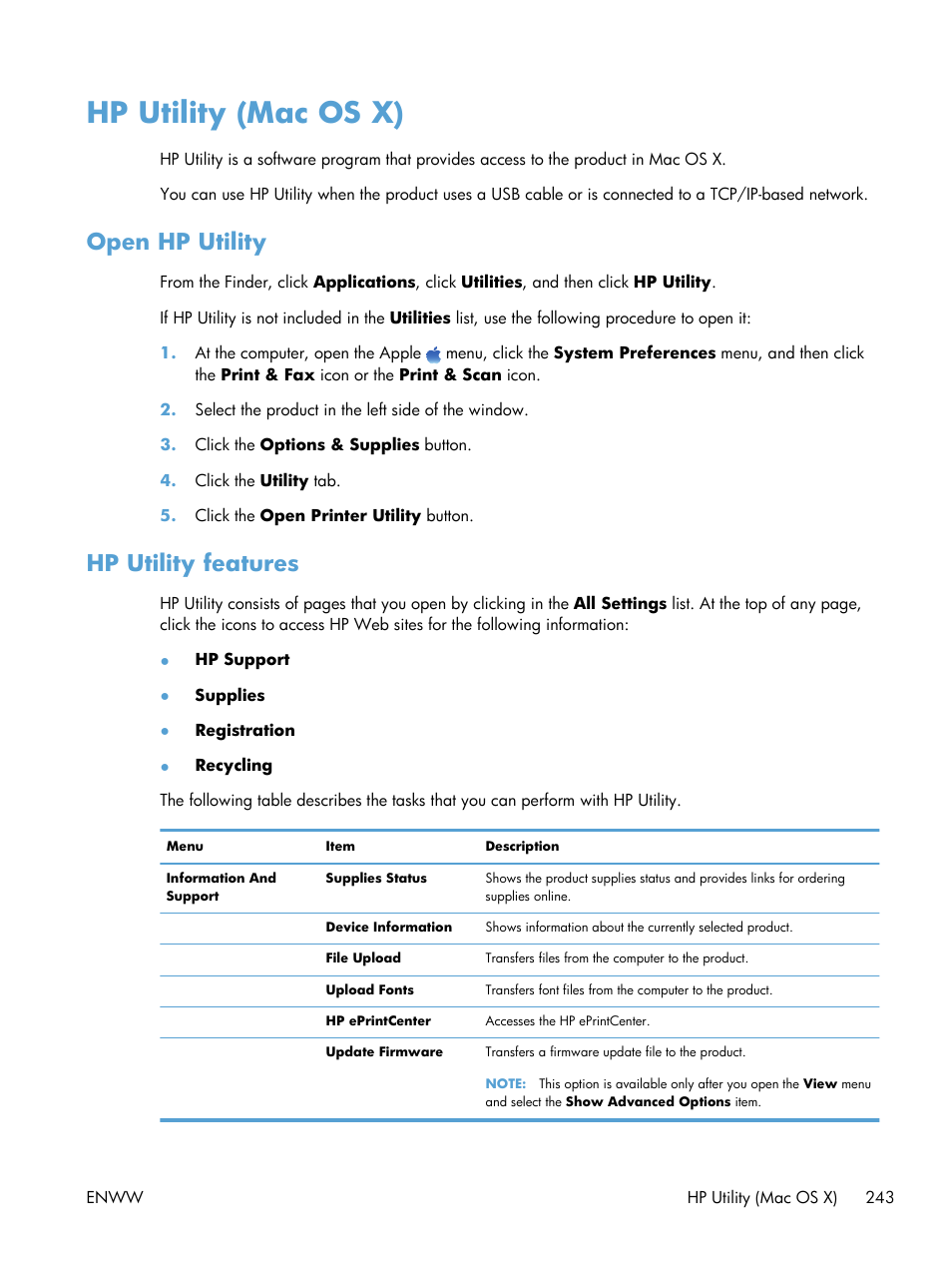 Hp utility (mac os x), Open hp utility, Hp utility features | Open hp utility hp utility features | HP LaserJet Enterprise 500 Color MFP M575 User Manual | Page 259 / 354