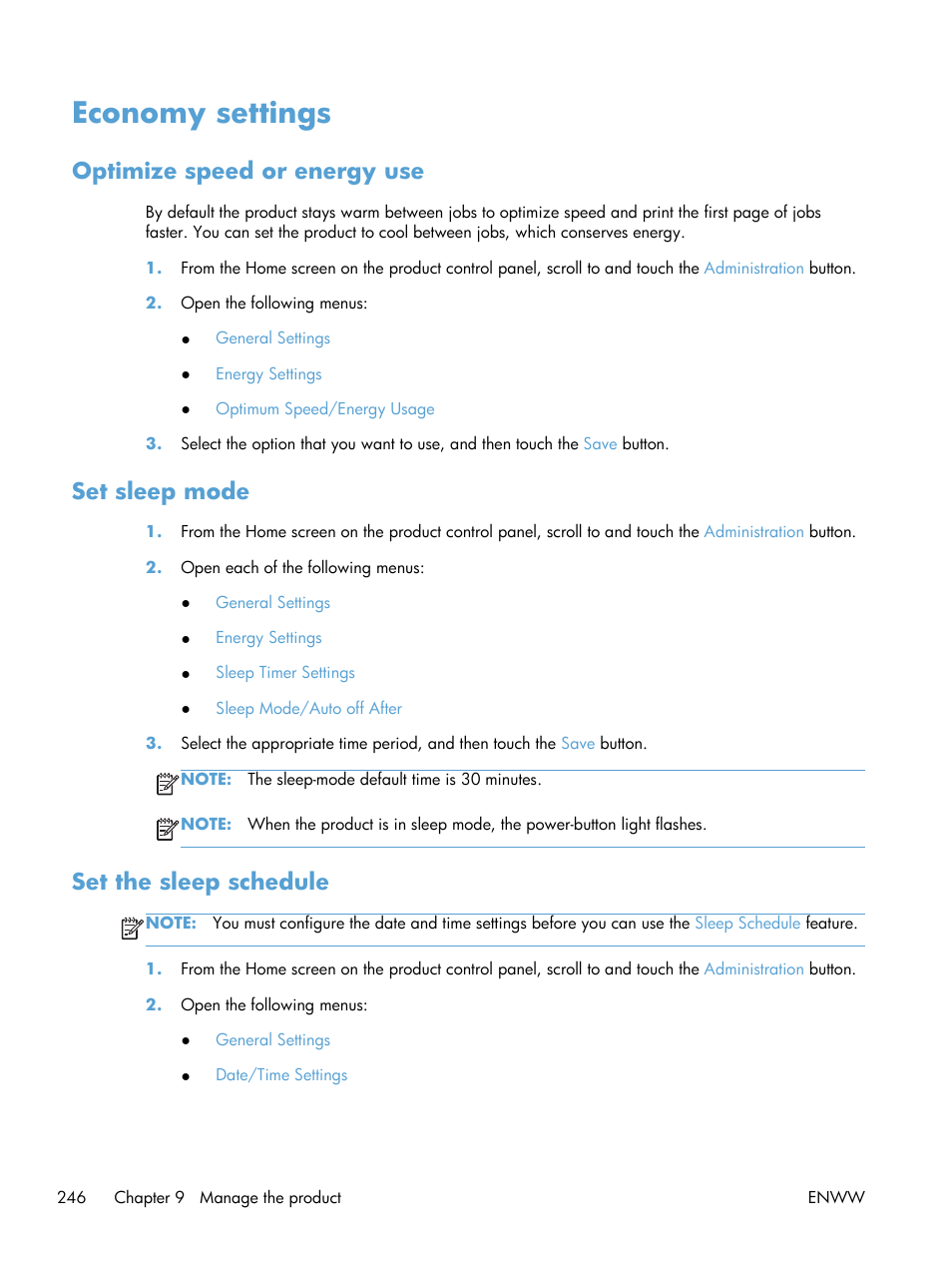 Economy settings, Optimize speed or energy use, Set sleep mode | Set the sleep schedule | HP LaserJet Enterprise 500 Color MFP M575 User Manual | Page 262 / 354