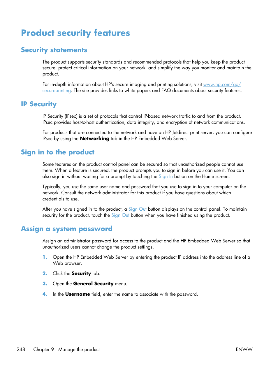 Product security features, Security statements, Ip security | Sign in to the product, Assign a system password | HP LaserJet Enterprise 500 Color MFP M575 User Manual | Page 264 / 354