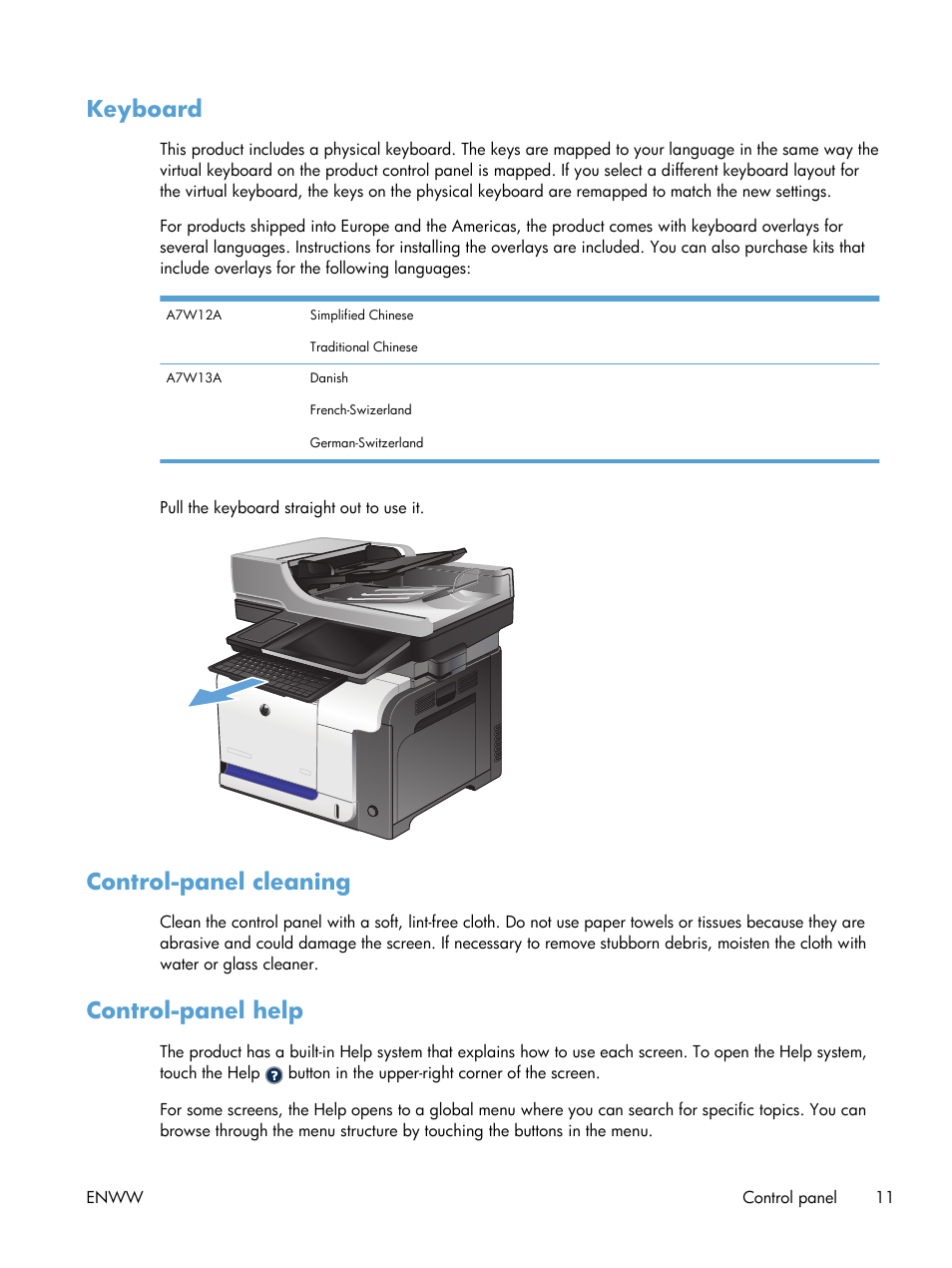 Keyboard, Control-panel cleaning, Control-panel help | Keyboard control-panel cleaning control-panel help | HP LaserJet Enterprise 500 Color MFP M575 User Manual | Page 27 / 354