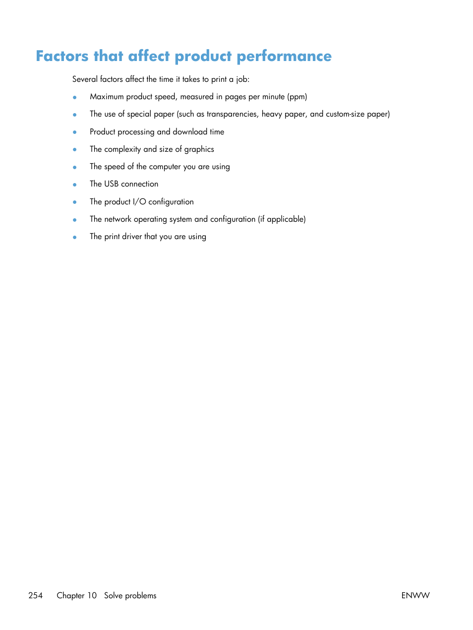 Factors that affect product performance | HP LaserJet Enterprise 500 Color MFP M575 User Manual | Page 270 / 354