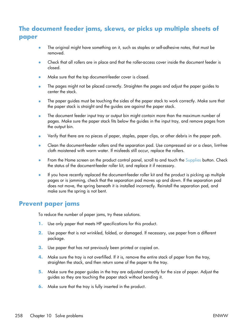 Prevent paper jams | HP LaserJet Enterprise 500 Color MFP M575 User Manual | Page 274 / 354