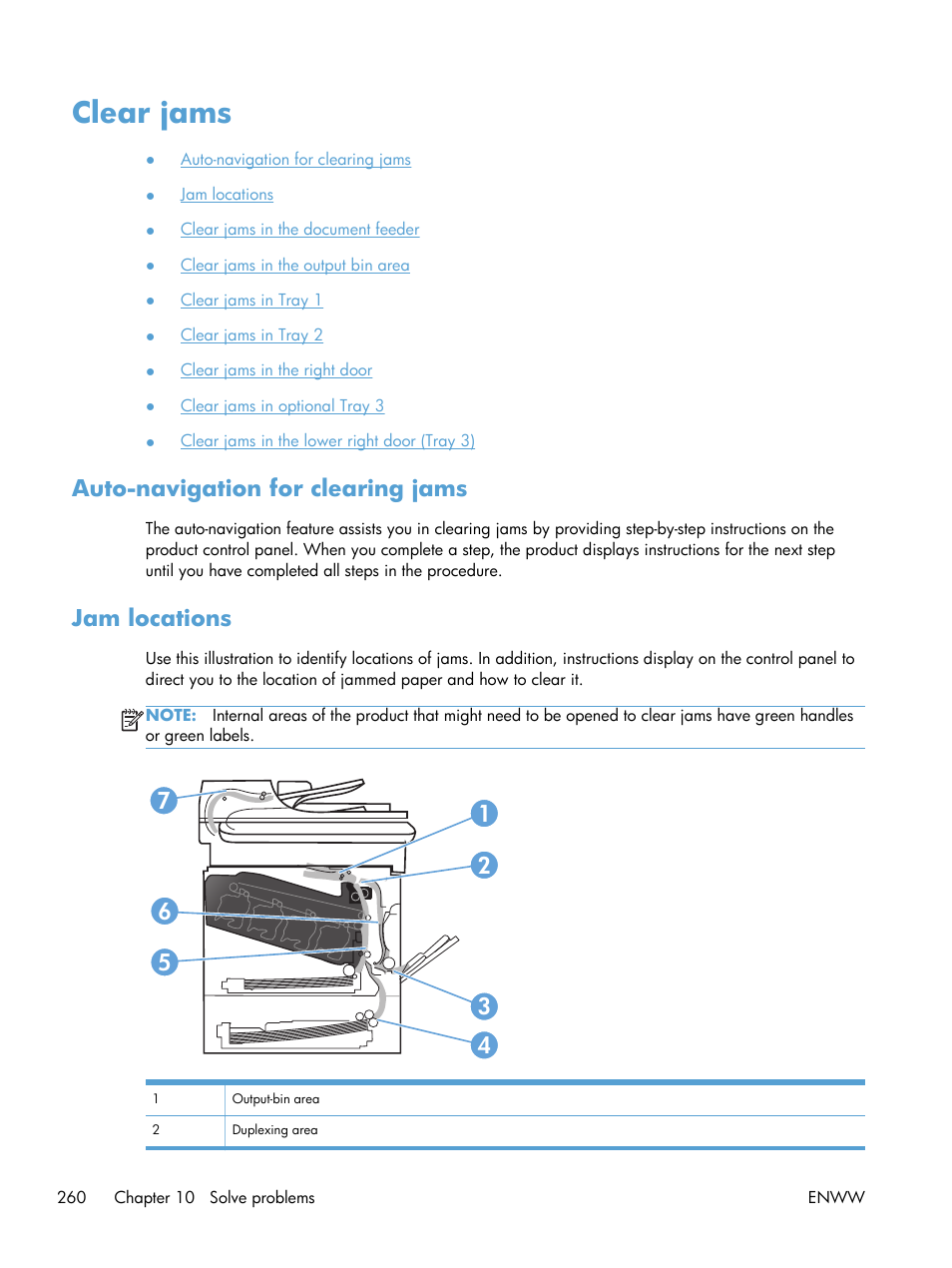 Clear jams, Auto-navigation for clearing jams, Jam locations | Auto-navigation for clearing jams jam locations | HP LaserJet Enterprise 500 Color MFP M575 User Manual | Page 276 / 354