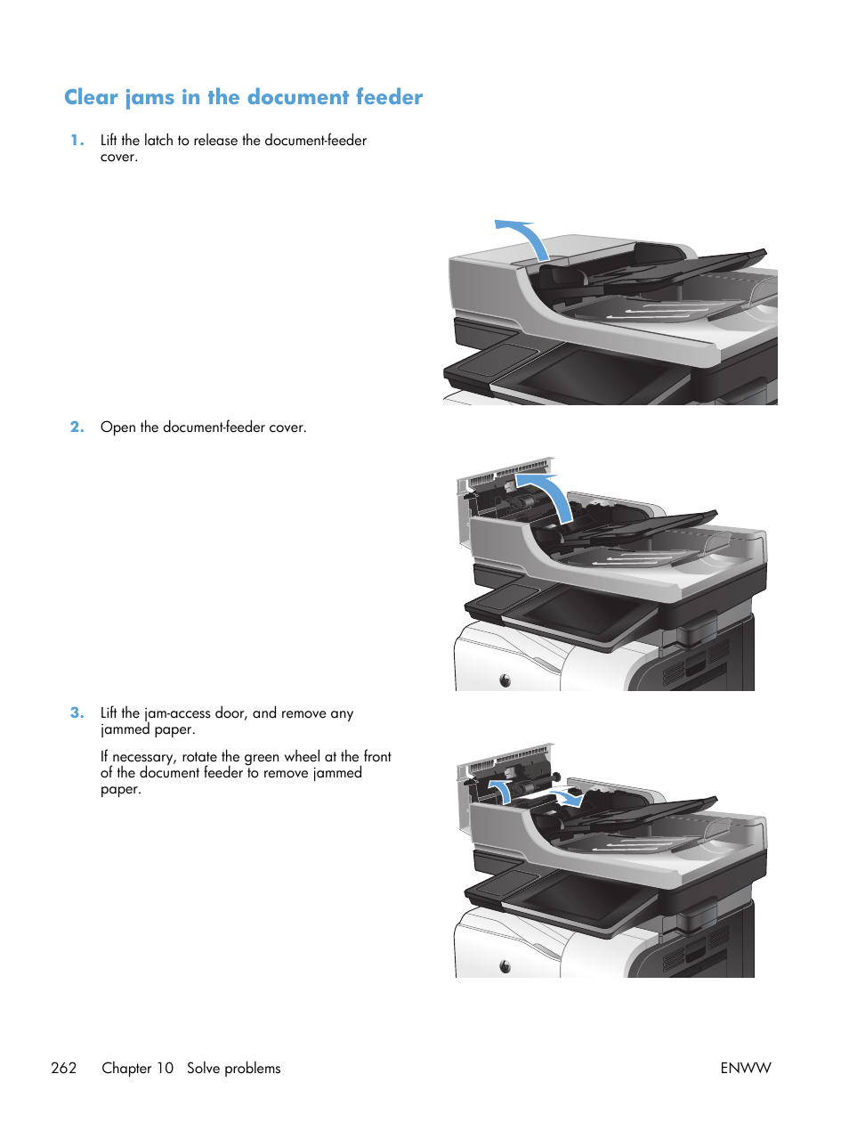 Clear jams in the document feeder | HP LaserJet Enterprise 500 Color MFP M575 User Manual | Page 278 / 354