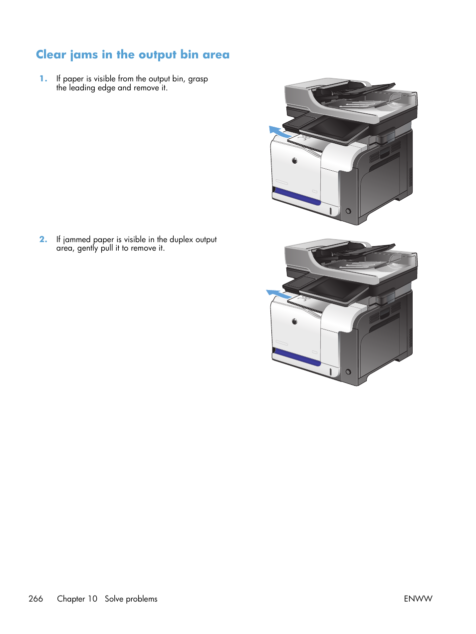 Clear jams in the output bin area | HP LaserJet Enterprise 500 Color MFP M575 User Manual | Page 282 / 354