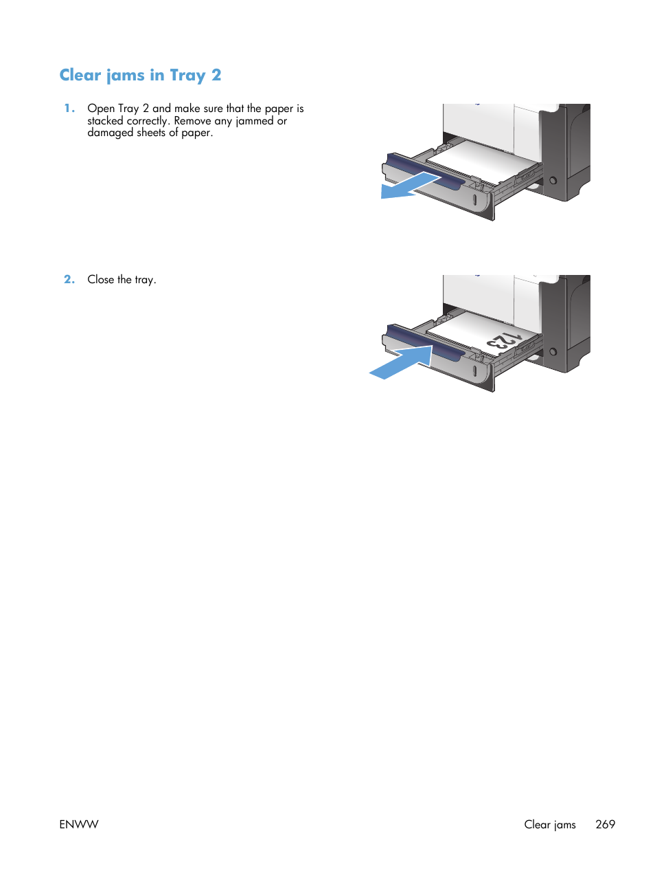 Clear jams in tray 2 | HP LaserJet Enterprise 500 Color MFP M575 User Manual | Page 285 / 354