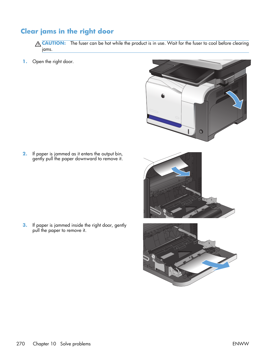 Clear jams in the right door | HP LaserJet Enterprise 500 Color MFP M575 User Manual | Page 286 / 354