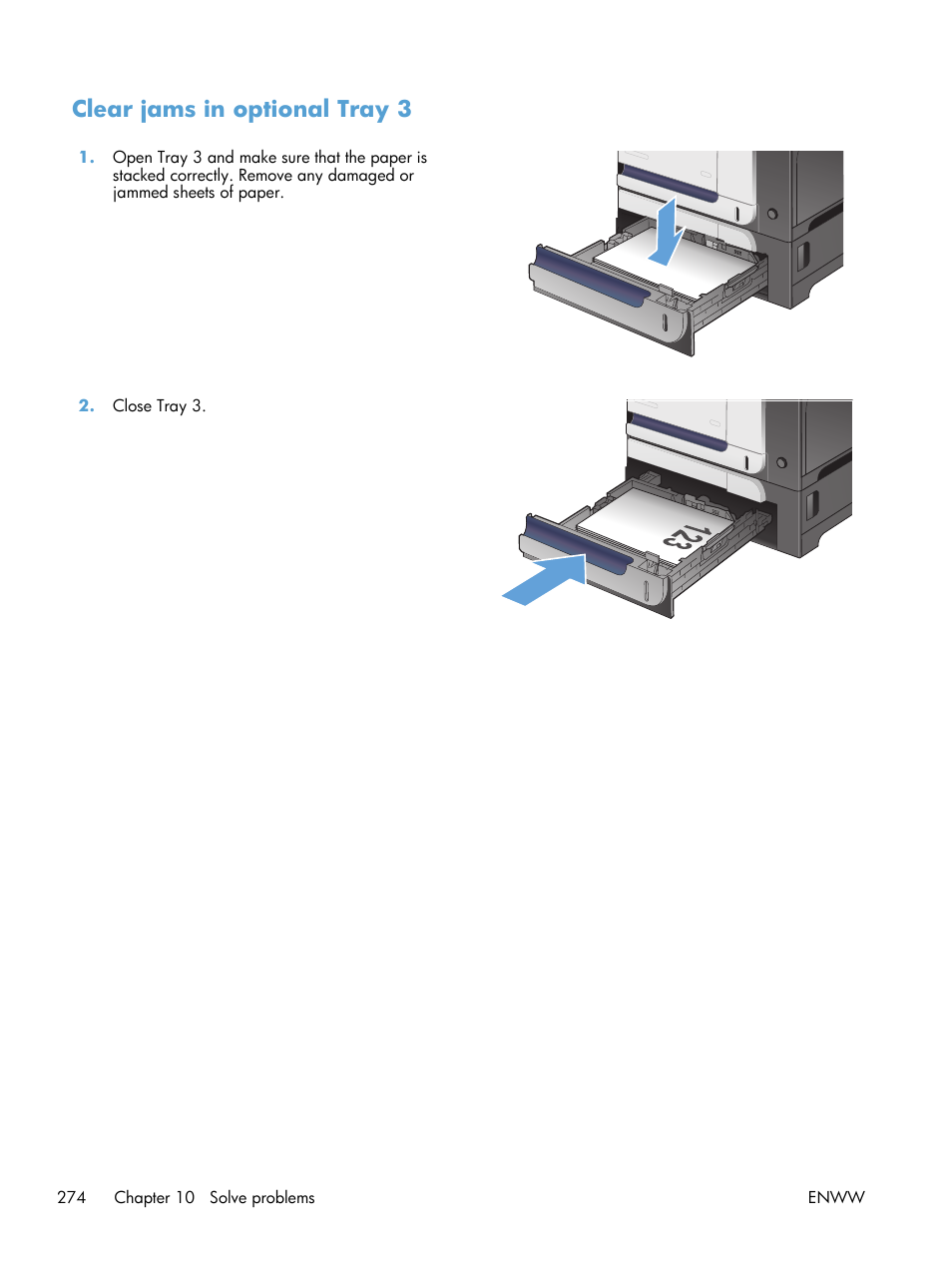 Clear jams in optional tray 3 | HP LaserJet Enterprise 500 Color MFP M575 User Manual | Page 290 / 354