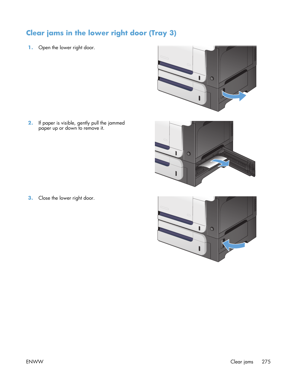 Clear jams in the lower right door (tray 3) | HP LaserJet Enterprise 500 Color MFP M575 User Manual | Page 291 / 354