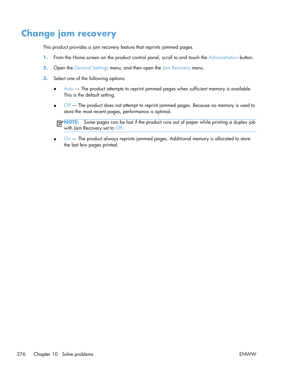 Change jam recovery | HP LaserJet Enterprise 500 Color MFP M575 User Manual | Page 292 / 354