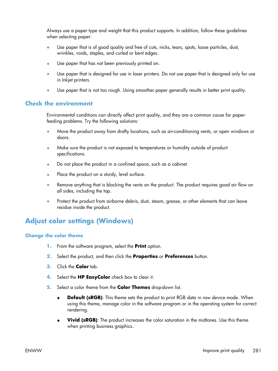 Check the environment, Adjust color settings (windows) | HP LaserJet Enterprise 500 Color MFP M575 User Manual | Page 297 / 354