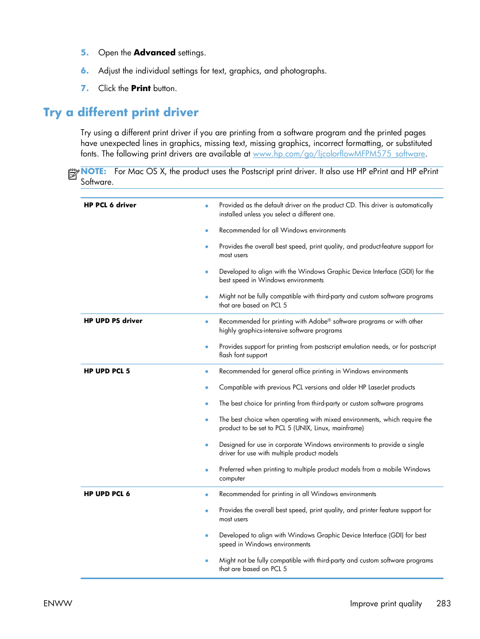 Try a different print driver | HP LaserJet Enterprise 500 Color MFP M575 User Manual | Page 299 / 354