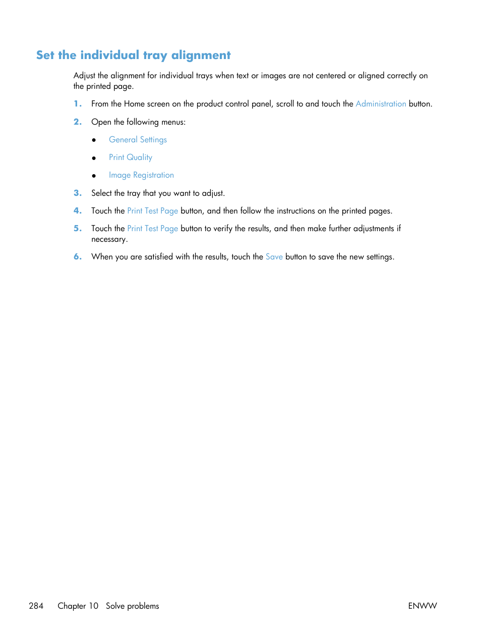 Set the individual tray alignment | HP LaserJet Enterprise 500 Color MFP M575 User Manual | Page 300 / 354