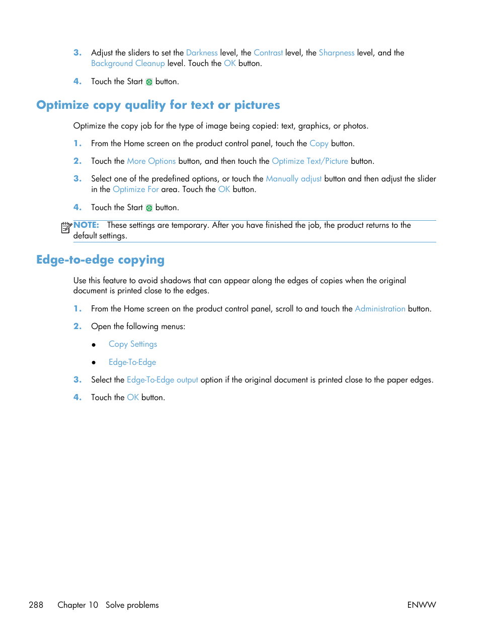 Optimize copy quality for text or pictures, Edge-to-edge copying | HP LaserJet Enterprise 500 Color MFP M575 User Manual | Page 304 / 354